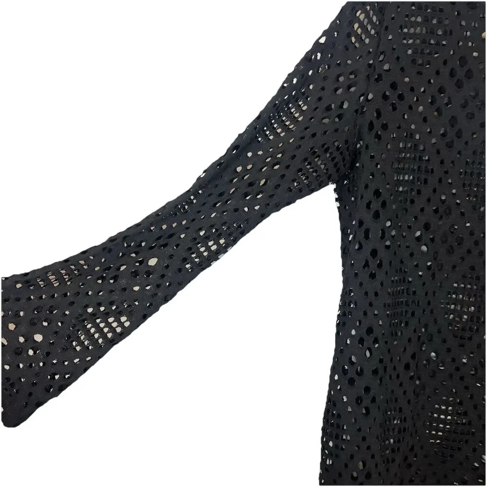 Haute Hippie Black Mesh Crochet Open Knit Long Sleeve Swim Cover Up Dress $98 XS